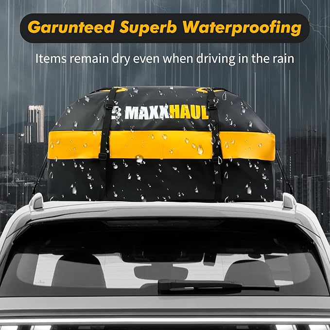 MaxxHaul Waterproof Car Roof Bag (15 Cubic Feet) – Universal Rooftop Cargo Carrier for All Cars/SUVs, Includes Anti-Slip Mat, 8 Straps, 6 Door Hooks & Luggage Lock - Lightweight & Heavy Duty
