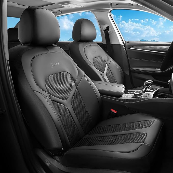 FLORICH Car Seat Covers Front Seat, Universal Seat Cover 2 Seats, Automotive Seat Covers with Mesh Leather, Waterproof Car Seat Protector, Breathable Car Seat Cushion for Most Car SUV Truck, Black