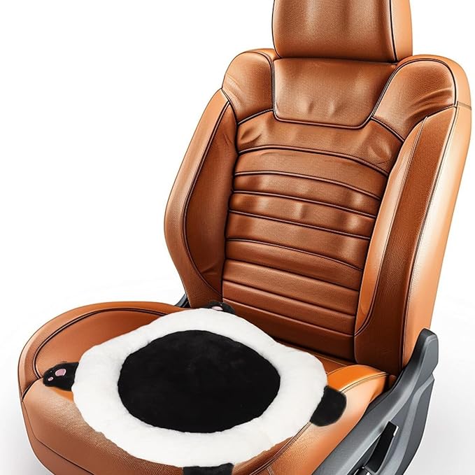 Panda Plush Car Seat Cushion with Lumbar Support for Drivers and Office Chairs, Black Rabbit Fur Blend Round Automotive Seat Pad for Comfortable Driving and Elderly Use