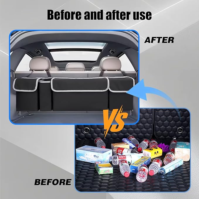 Car Trunk Organizer and Storage, Backseat Hanging Trunk Organizers and Storage, Waterproof Collapsible Cargo Large Bag with 4 Pockets, Car Interior Accessories for SUV, Truck (Black)