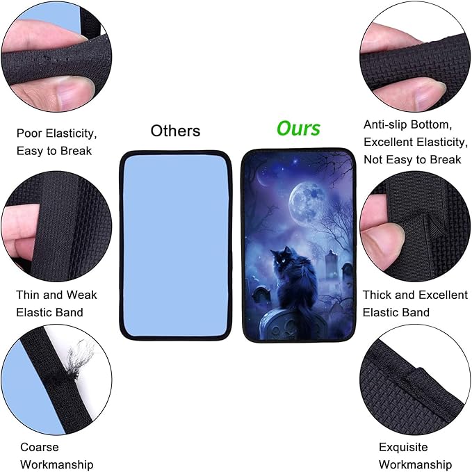 Car Armrest Cover Pads Universal Fashion Cute Auto Center Console Armrest Cover Pad with 2PCS Car Coasters Soft Waterproof Car Armrest Seat Protector for Women, Night Black Cat