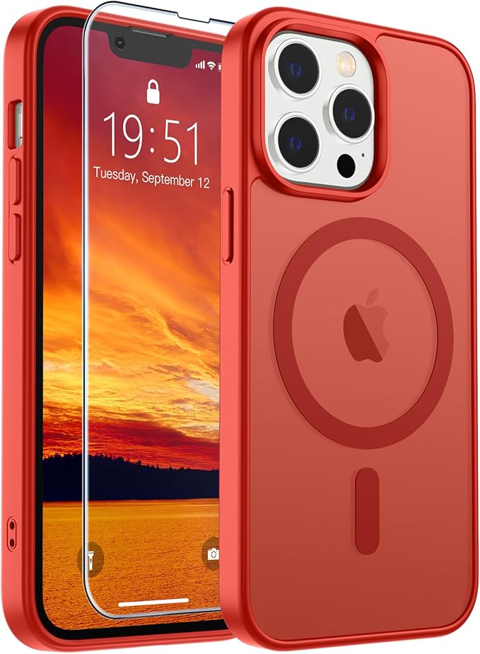 SUPFINE Magnetic for iPhone 13 Pro Max Case (Compatible with MagSafe) (Military Grade Drop Protection) Slim Translucent Matte Shockproof with Anti-Fingerprint Phone Case,Red