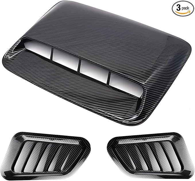 Universal Car Hood Scoop Cover with Side Air Vents, Black, Decorative Hood Air Flow Intake, 3-Piece Set with Mounting Tape (Carbon pattern)