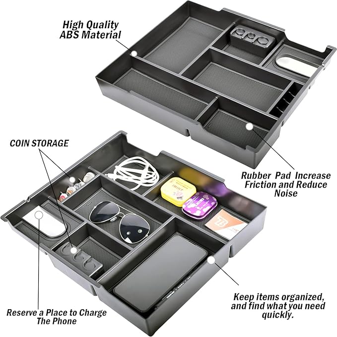 TACOBRO Center Console Organizer Compatible with 2014-2017 2018 2019 2020 2021 Tundra Accessories, Crewmax Interior Armrest Underseat Storage Box- Full-coverage Insert Tray, Black Trim