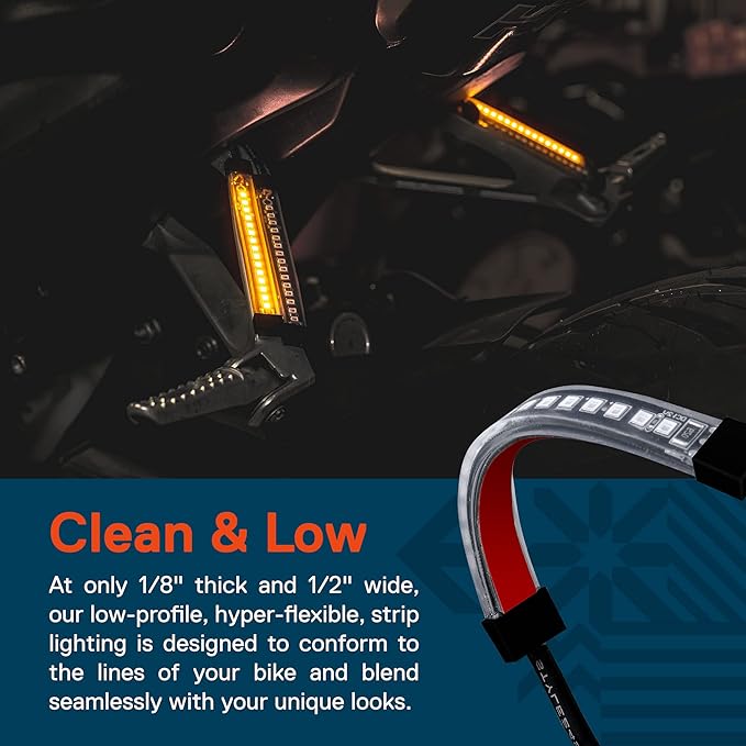 True Mods 2pc 5" Amber LED Motorcycle Running & Turn Signal Tail Light Strip Kit [Waterproof] [Single Row] [50% DRL] [100% Blinker] Self Adhesive Surface Mount Flexible Front Fork Lamp for ATV Bike
