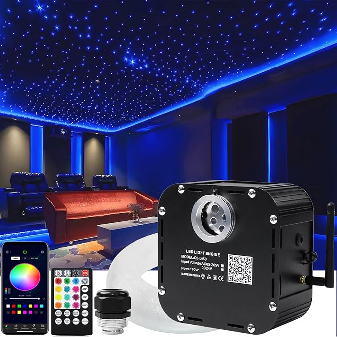 AZIMOM High Brightness 50W Twinkle Fiber Optic Starlight Kits Mixed800pcs 16.5ft Fiber Strands End Glow Sound Activated Bluetooth/APP Remote Control Theater Ceiling Home Shop Lobby Roof Decor