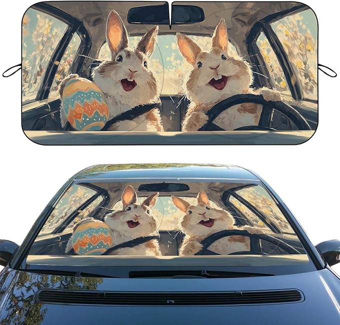 Easter Bunnies Car Window Sun Shield Funny Cartoon Painted Egg Bunny Front Window Sun Shade Rays Sun Shade Visor Protector for Car Sedan Truck SUV Accessories 59" L x 31.5" W