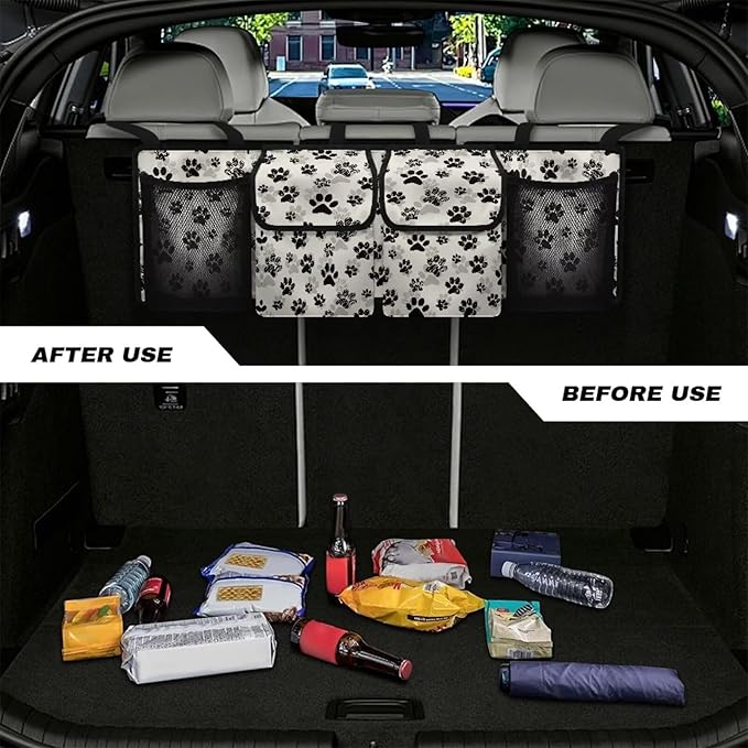Dog Paw Car Trunk Organizer, Backseat Storage Bag with 4 Pockets, Adjustable Large Capacity Hanging Collapsible Bag for Most Vehicles, Universal Car Accessories