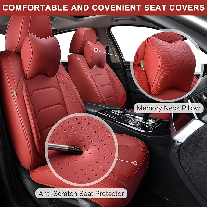 Martha Red Car Seat Covers Full Set, Breathable Leather Automotive Front and Rear Seat Covers & Headrest for Comfortable Driving, Universal Auto Interior Fit for Most Kinds of Vehicles, Cars