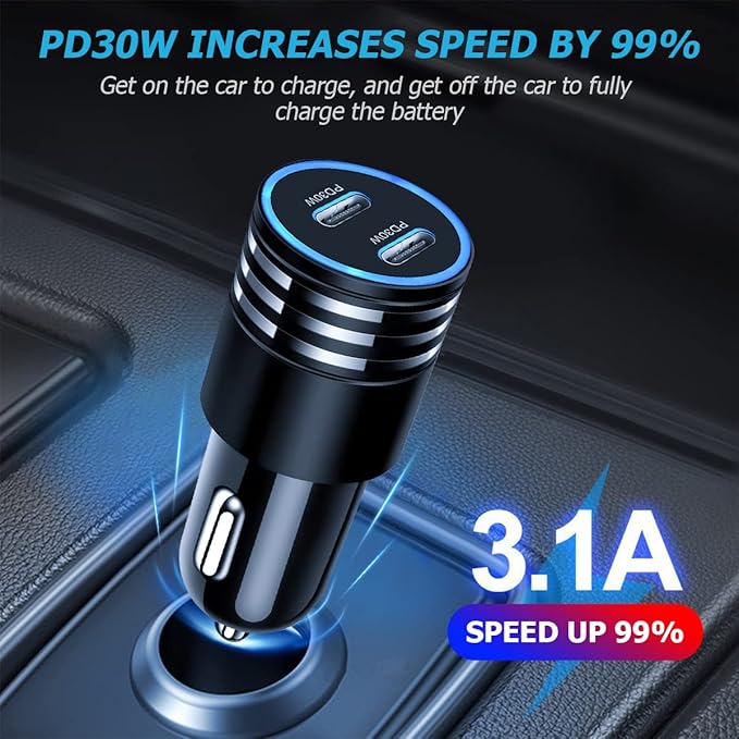 2Pack 60W USB Car Charger, 2 Ports Fast Charging Cigarette Lighter Adapter, Type C Mini Car Charger Adapter, Rapid Plug Power Delivery Compatible with iPhone Android Tablet or Other USB Device