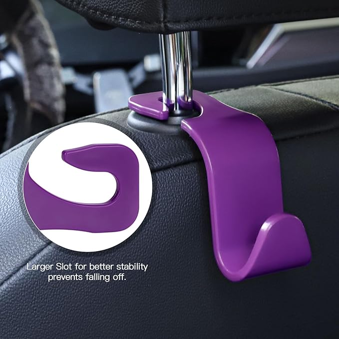 Soleebee 4 Pack Car Headrest Hooks - Universal Auto Hooks, Back Seat Hangers, Storage Organizer (Purple)