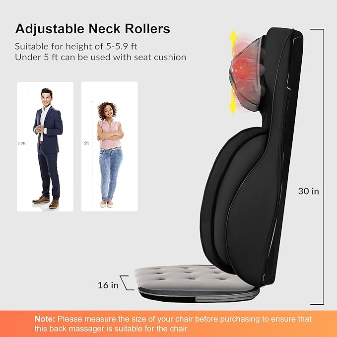 Snailax Shiatsu Neck and Back Massager with Heat, Adjustable-Height Neck Massager Rollers Massage Chiar Pad with Vibration, Chair Seat Massager for Home, Office, Gifts for Men, Women