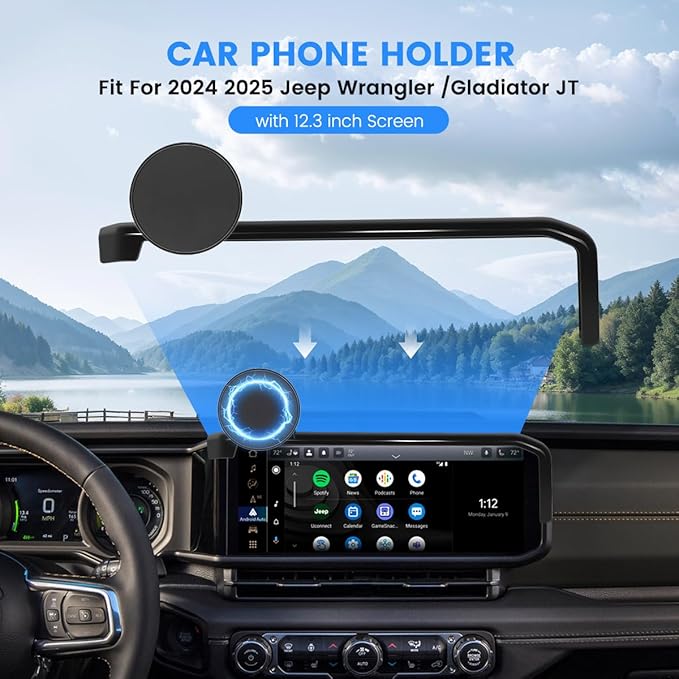 Car Phone Holder Fit for Jeep Wrangler 2024 2025/Gladiator JT 2024 2025 Auto Accessories Fit 12.3-Inch Touch Screen, Phone Mount Compatible with MagSafe Automobile Cradles Hands-Free 360° Rotation