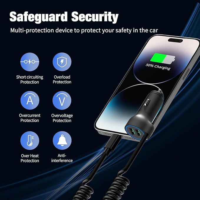[Apple MFi Certified] USB Car Charger Plug, Aymla Dual Port Coiled Cord Auto Cigarette Lighter Adapter with 5FT Coiled Lightning Cable for iPhone 14 Pro Max/14 Plus/14/13 Pro/13 Mini/12/11/XS/XR/8