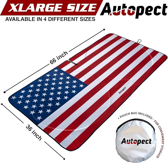 Windshield Sun Shade - American Flag Design, High-Resolution Sun Visor for Car, Truck, SUV with Mirror Cut-Out for Interior Sun Protection, Foldable Car Sun Shade