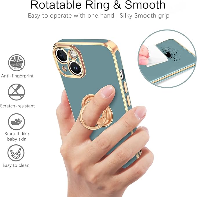 VENINGO iPhone 14 Case,Phone Cases for iPhone 14,Slim Fit Soft 360° Ring Holder Kickstand Magnetic Car Mount Supported Easy Clean Shockproof Protective Cover for Apple iPhone 14 6.1", Blue Grey/Golden