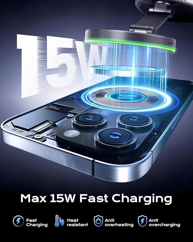 Trendwave Car Mount Charger 15W Wireless Charger Suction Cup Phone Mount with Breathing RGB Light, 360° Adjustable Vacuum Magnetic Holder for iPhone 17 Pro Max/17 Air/16/15 Plus – Gray