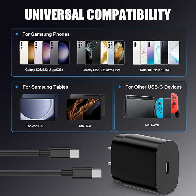 2Pack 25W USB C Charger for Samsung Galaxy S24 Ultra, Super Quite Fast Charging Type C Block with 3FT C to C Cord for Samsung Galaxy Tab S9 S8 S23 Ultra S22 Ultra S23 S22+ S22 S21 Note 10 Plus 20