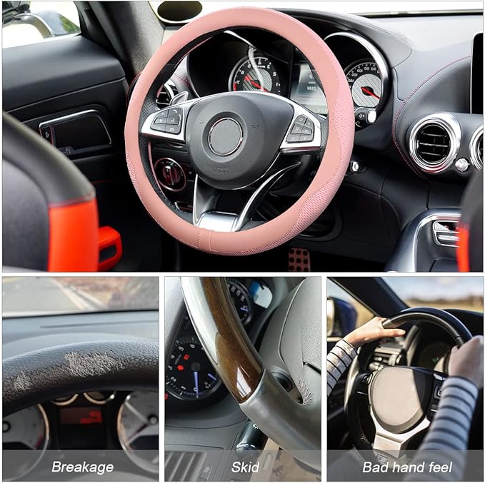 Car Steering Wheel Cover, Microfiber Breathable Ice Silk Leather Steering Wheel Cover Soft Anti-Slip Safety, 15inch Four Season Universal Fits for Most Truck,SUV,Cars (Pink)