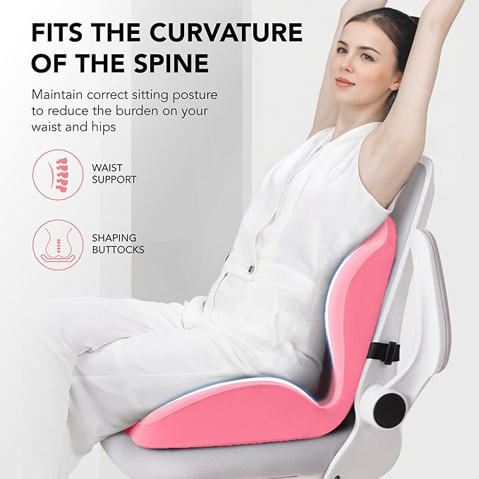 Ergonomic Lumbar & Seat Support Cushion, 2-in-1 Memory Foam Cushion with Coccyx Hollow Design for Office Chair, Car Seat, Home Use - Relieves Back & Hip Pain (Pink)