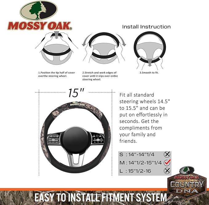 Mossy Oak Camo Steering Wheel Cover - PU Leather and Cotton Twill, Universal Fit 14 1/2 inches to 15 inches - Officially Licensed Product