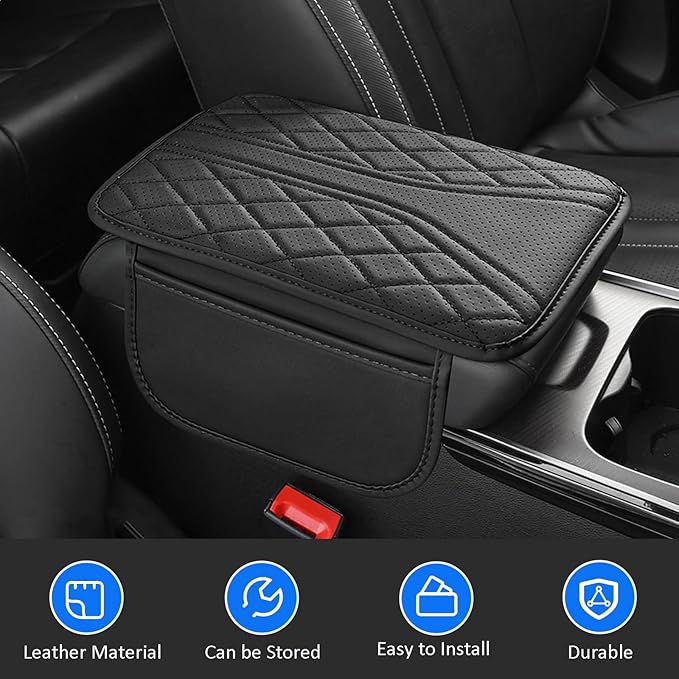 Car Center Console Cover with Storage Bags, Leather Armrest Pad Protector for SUV, Sedan, Truck Interior Accessories (Black)
