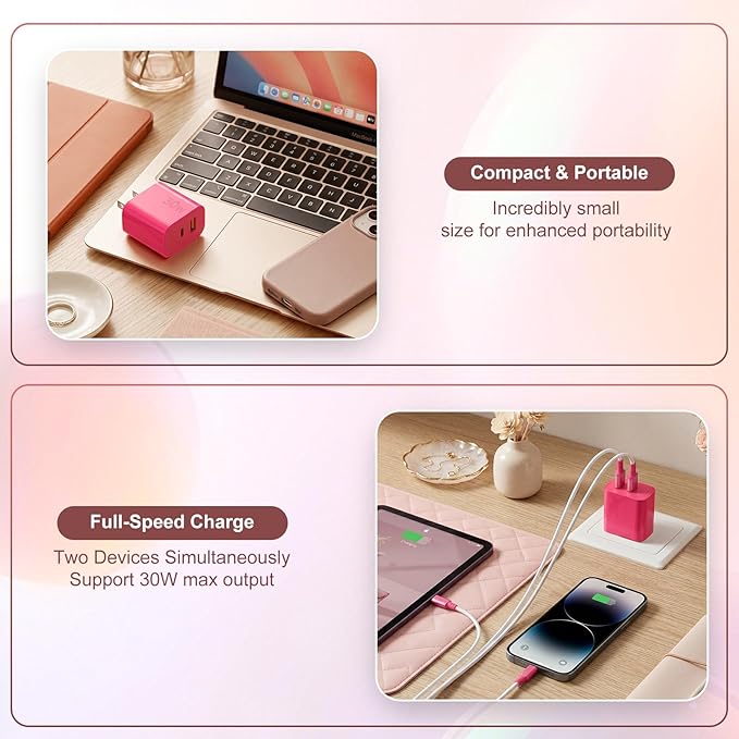 Aolcev for iPhone Charger Fast Charging 2 in 1 USB A USB C Charger Block 30W Cute Type C Fast Charging Blocks for iPhone 17 16 15 14 13 for iPad USB C Charging Adapter for Galaxy S26 S25 S24 Rose Pink