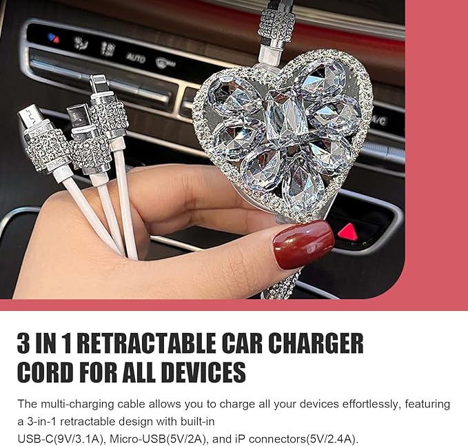 Multi Charging Cable, 3 in 1 Multi Charger Cable with Type-C/Lightning/Micro USB Connectors, Rhinestone Retractable Car Charger Cord, Universal for Most Phones, Tablets (White)