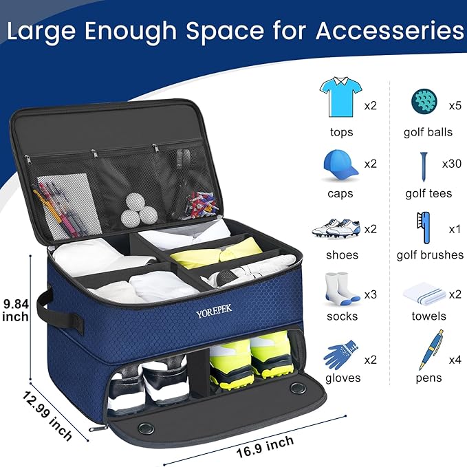 YOREPEK 2 Layer Golf Trunk Organizer, Golf Gifts for Men with Separate Ventilated Compartment for 2 Pair Shoes, Waterproof Car Trunk Locker for Balls, Tees, Clothes, Gloves, Gifts for Golfers
