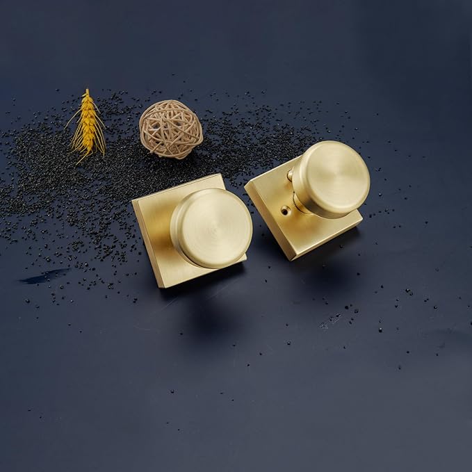 Brushed Gold Door Knobs Interior, Pismo Doorknobs with Square Rosette for Hall