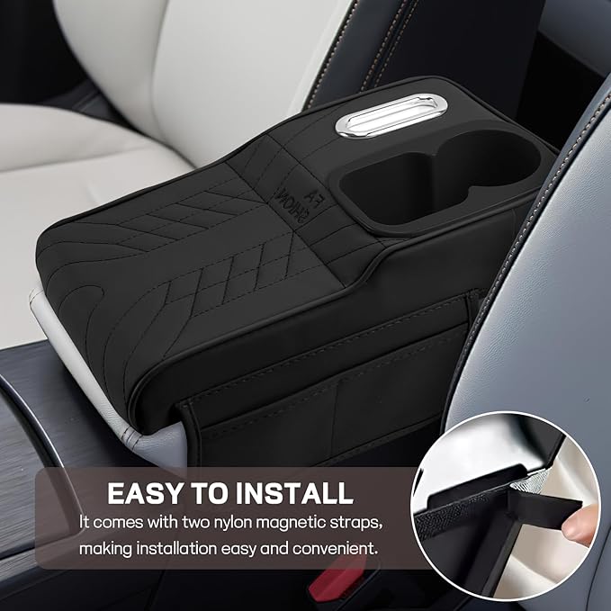 Car Center Console Armrest Pillow, 13.4"×7.5"×2" Leather Auto Arm Rest Cover with Pocket & Tissue Box & Cup Holder, Multifunctional Vehicle Armrest Cushion Pad, Car Accessories (Black)