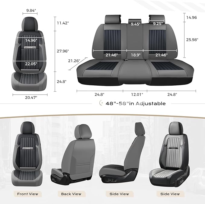 Coverado Car Seat Covers Full Set, Seat Covers for Cars, Car Seat Cover, Car Seat Protector, Leather Car Seat Cushion, Waterproof Car Seat Covers Front Seats and Back Fit for Most Cars(Gray&Black)