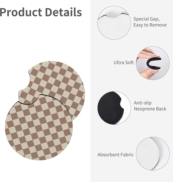 Checkered Brown Steering Wheel Cover - Checkered Brown Steering Wheel Cover Anti-Slip Breathable Universal 14-15 Inch Car with 2 Pcs Car Coasters Suitable Men Women