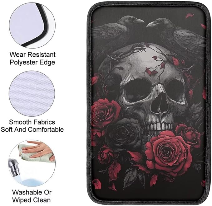Dreaweet Red Rose Skull Arm Rest Cover for Car Women Goth Car Accessories Center Console Cushion Pad Anti Scratch Universal Armrest Cover for SUV Sedan