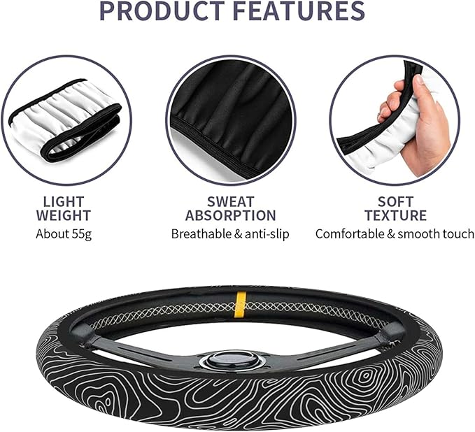 Car Steering Wheel Cover for Women Men, Non-Slip Topography Topographic Map Steering Wheel Protector, Universal 14"-15" Fit for Cars, SUVs, Trucks (Topography)