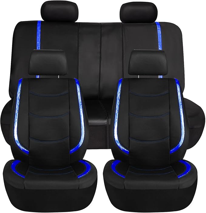 FH Group Full Set Faux Leather Car Seat Covers - Universal Fit, Low Back Front Seat Covers, Airbag Compatible, Split Bench Rear Seat Cover for SUV, Sedan, Blue