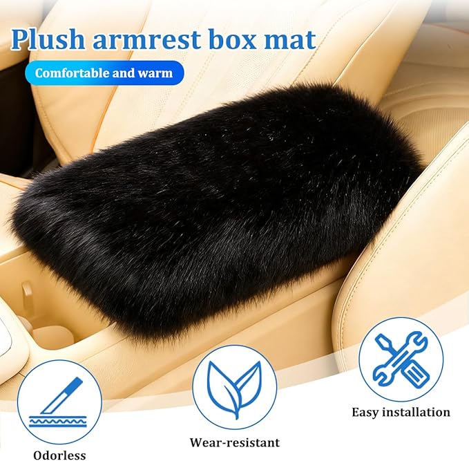 Car Center Console Cover, Fluffy Soft Vehicle Middle Console Arm Rest Cushion Pad, Furry Automotive Interior Armrest Seat Box Protector Decoration Accessories, Universal Fit (Black)