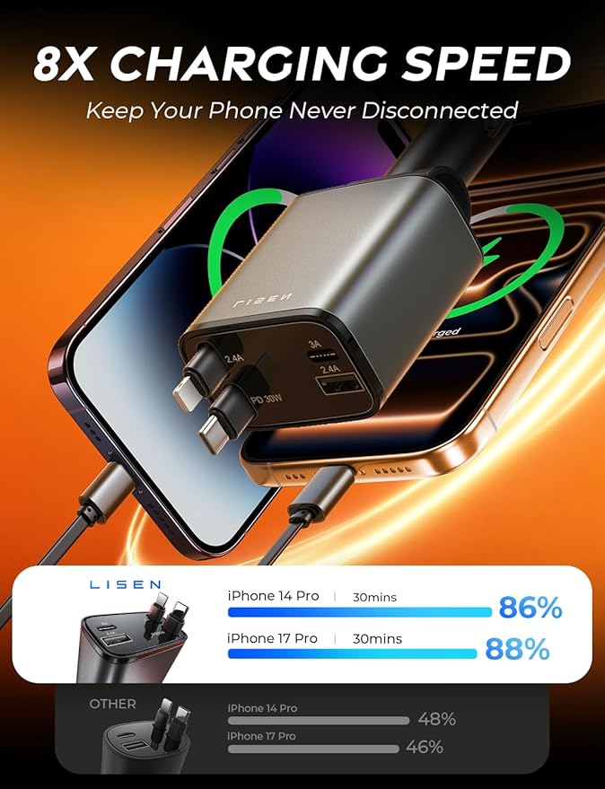 Gifts for Mothers Day 2026, LISEN Retractable Car Charger for iPhone 17, Personalized Friend Gifts for Cute Women Birthday Unique, Gift Ideas for Wife, Sister, Daughter, Aunt