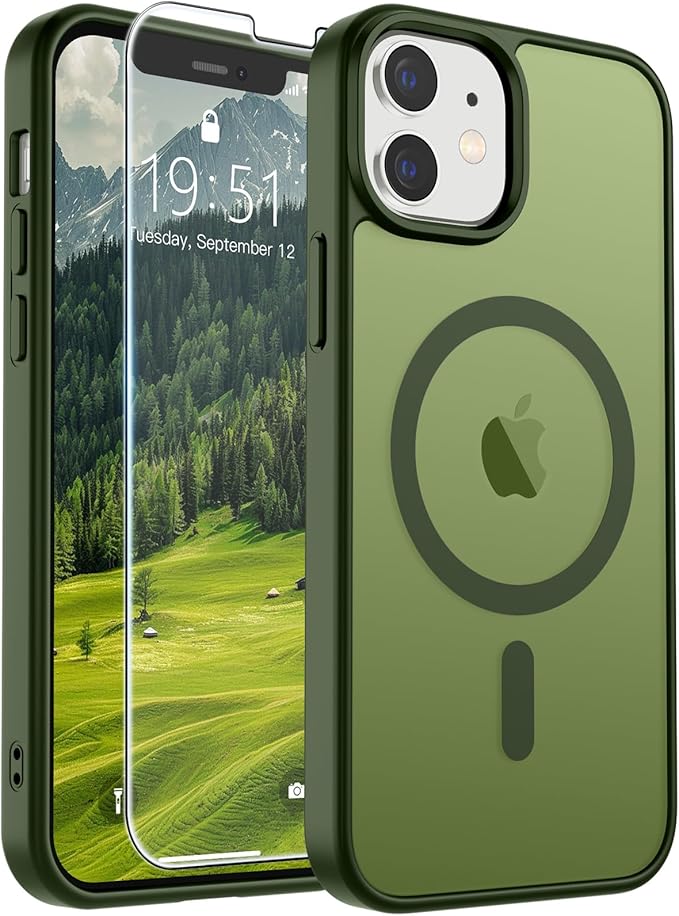 SUPFINE Magnetic for iPhone 12 Mini Case & iPhone 13 Mini Case (Compatible with MagSafe) (Military Grade Drop Protection) Slim Translucent Matte Shockproof Phone Cover,Cangling Green