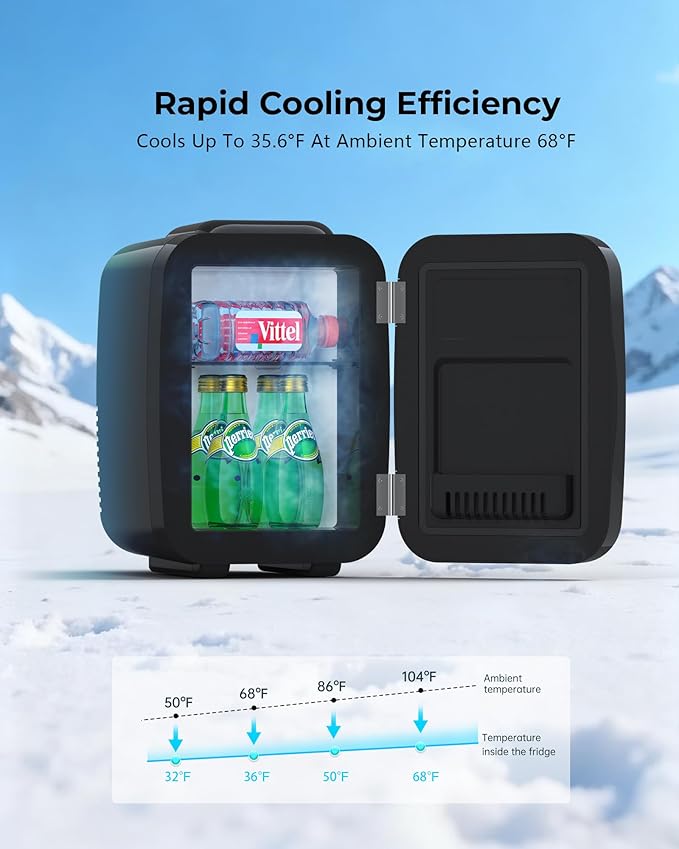 BEICHEN Mini Fridge, 4 Liter/6 Can Portable Refrigerator for Bedroom Office Dorm Car– Fast Cooling, Low Noise, 100-125V AC/5-12V USB Small Compact Refrigerator for Skincare, Food, Drinks(Black)