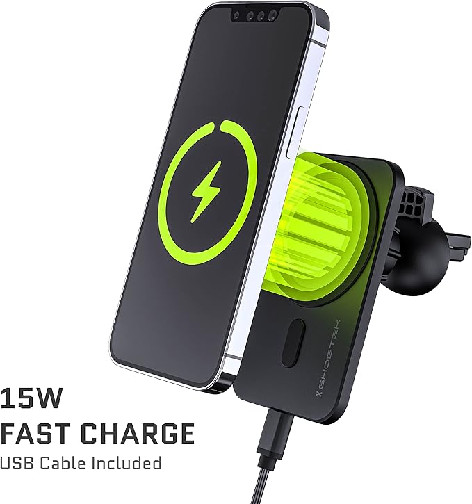 Ghostek NRGmount MagSafe Car Mount Charger iPhone 15W Fast Charging with Air Vent Clip, Dash Windshield Suction Clamp with Adjustable Arm Designed for iPhone 13 Pro Max, iPhone 12 Pro Max mini (Black)