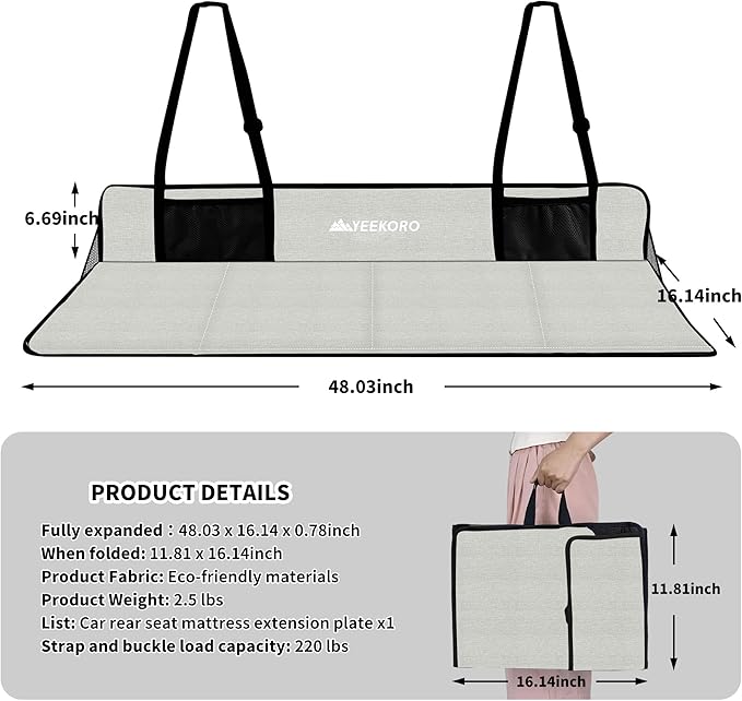 Car Rear Seat Mattress Extension Plate, Foldable Car Back Seat Extender，Portable Mattress for Sleeping, Increase Travel Trunk Space and Car Bed Camping Space for Cars, SUV, Model Y/3（Grey）