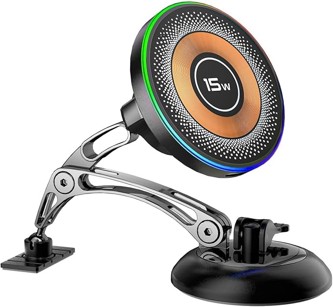ZBF Magnetic Wireless Charging Car Phone Holder with 15W Fast Charging & Strong Vacuum Suction, 360° Rotatable Dashboard & Windshield Mount for Magsafe iPhone 17/16/15/14/13 Android Galaxy S24/S23/S22