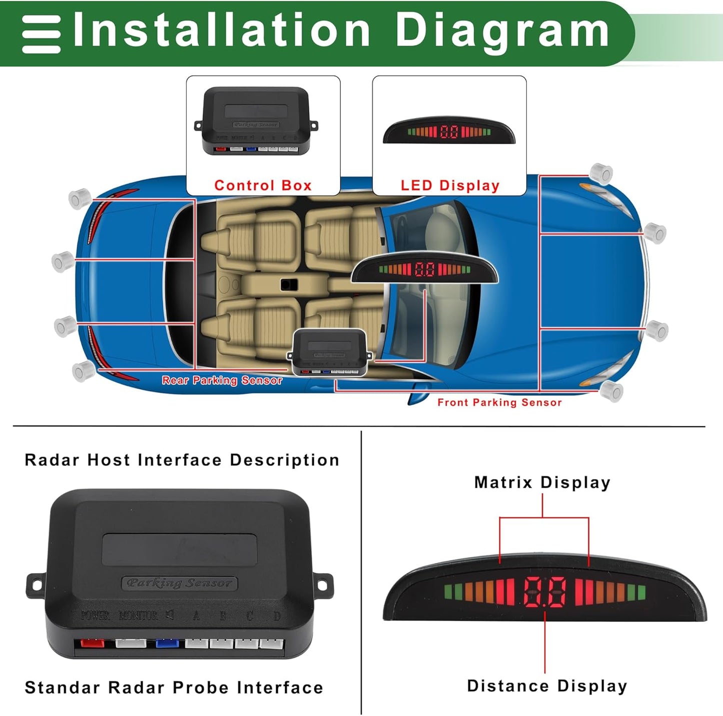 Motoforti Universal Car Auto Vehicle Reverse Backup Radar System Reverse Parking Sensors Alarm Buzzer Reminder Distance Detection Silver Tone 4Parking Sensors