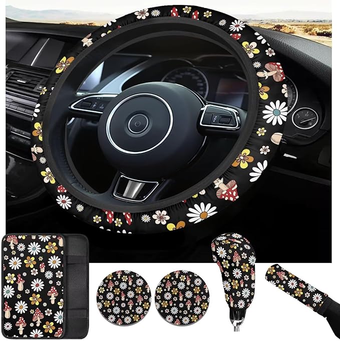 Mushroon Car Accessories 6 Pcs Sets for Men Women Many Flower Cute Car Steering Wheel Cover Cup Coaster Handbrake Cover Suit for Cars Truck Vans SUV
