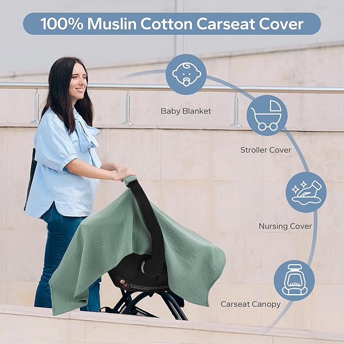 SERAPHY 100% Muslin Cotton Car Seat Cover Baby, Universal Carseat Covers, Breathable Baby Car Seat Canopy for Boys Girls, Soft Infant Car Seat Cover for Summer —Green