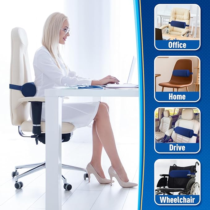 Lumbar Roll Support Pillow for Office Chair, Car, Gaming Chair, Memory Foam Back Cushion with Washable Cover for Relieving Back Pain & Improving Posture,Blue