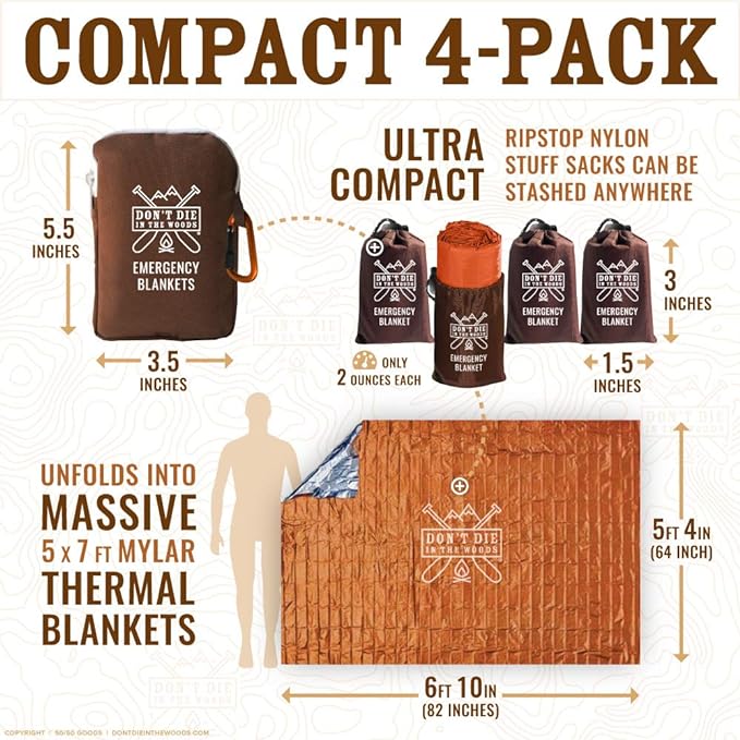 Don't Die In The Woods - Freakin’ Huge Emergency Blankets [4-Pack] Extra Large Thermal Mylar Space Blanket - One of The Ten Essentials Outdoor Survival Gear for Hiking Camping First Aid Kit (Orange)