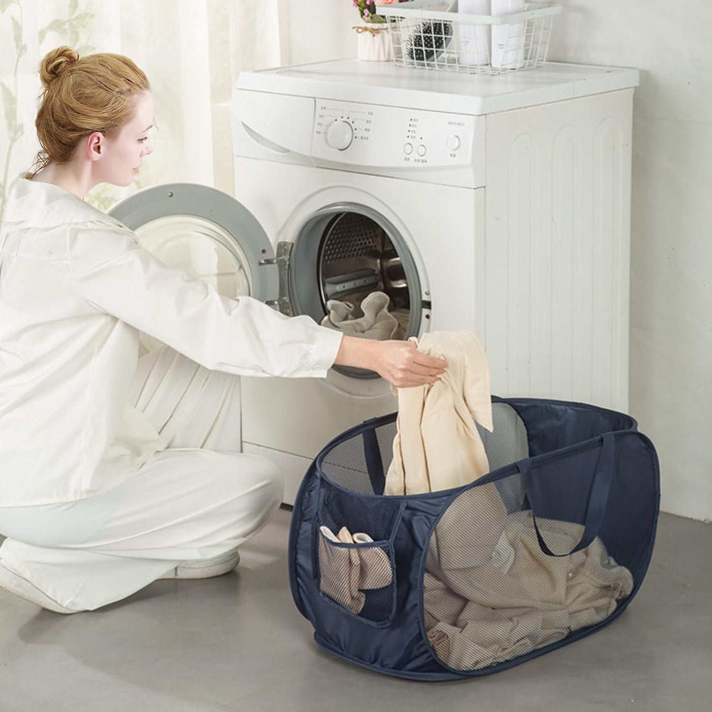 Sturdy Mesh Laundry Hamper Basket Bag,Pop up Basket with Side Pocket for Laundry Room, Bathroom, Kids Room, College Dorm or Travel (Pop Horizontal, Pink)