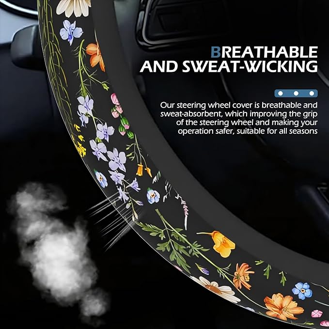 Flower Steering Wheel Cover, Cute Breathable Steer Wheel Protection Cover, Auto Non-slip Wildflowers Steering Protector, Universal for Most Cars, Trucks, SUVs (Multicolored)